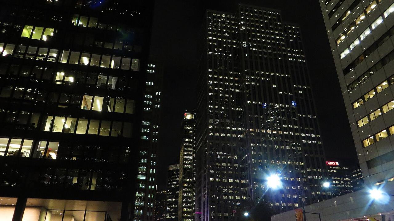 Office towers of the Toronto financial district lit up at night