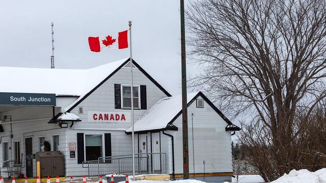 Canadian border post at South Junction with the Maple Leaf flag above it