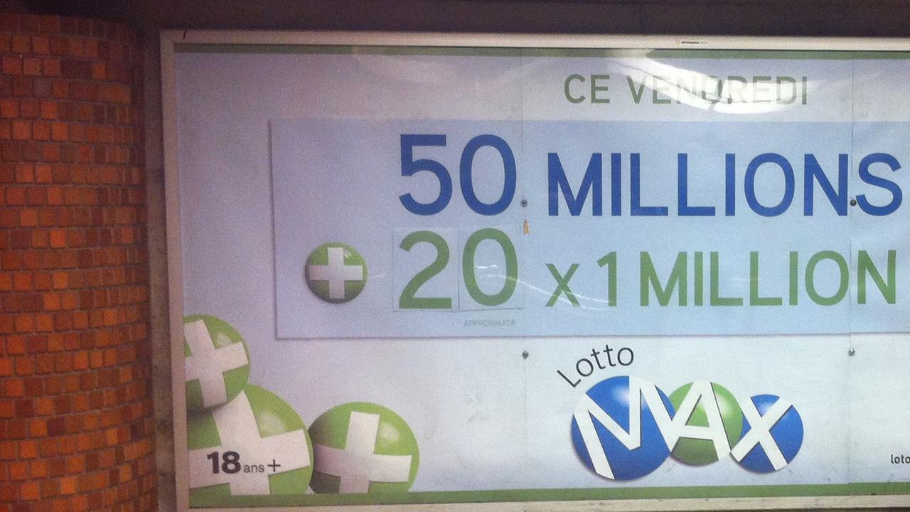 Lotto Max poster in a Montreal Métro station advertising a jackpot and extra million-dollar prizes