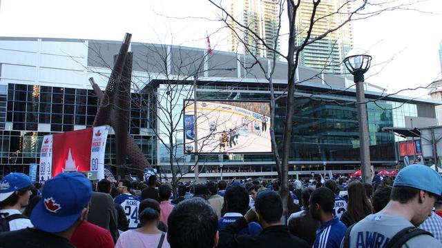 Hockey fans gathered outside a Toronto arena before a game