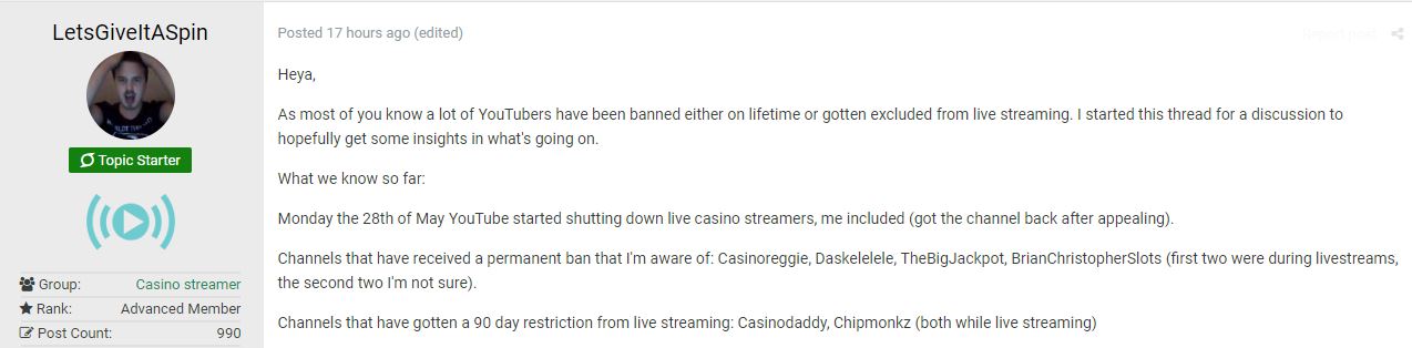 YouTube Banning Casino Streaming for Good: What's Going On? 5 Casino Streamers Officially Banned from YouTube - casino ground post