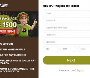 Bob Casino sign up page